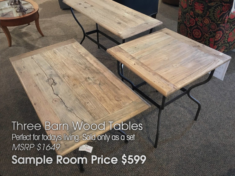 3 Barnwood Tables in the Sample Room at Sofas & Chairs